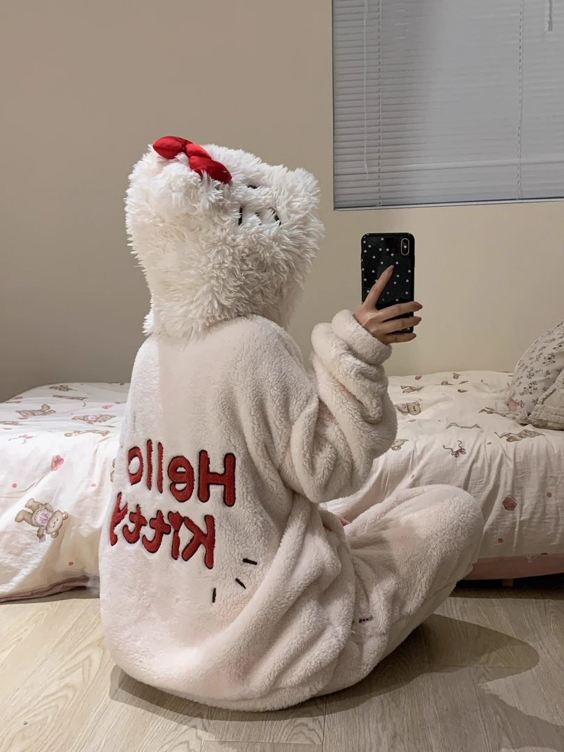 【DMXJ大梦想家】卡通可爱珊瑚绒hellokitty睡衣女冬加厚家居服套装