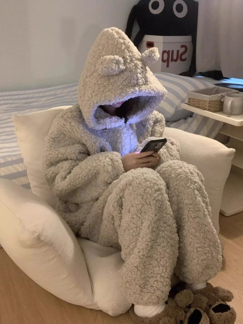 可爱软糯珊瑚绒连帽睡衣女款冬季2024加厚保暖开衫长裤家居服套装