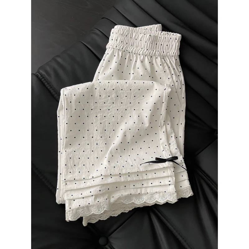 2024简约圆点睡裤女夏季新款高腰裤子花边长裤宽松遛弯裤单件睡裤