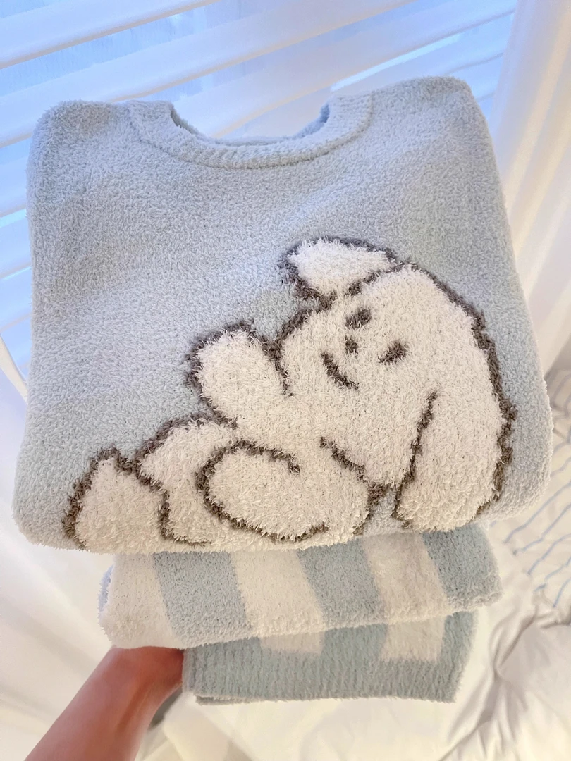 奶呼呼卡通小狗针织半边绒睡衣女加厚保暖家居服套装大码秋冬新款