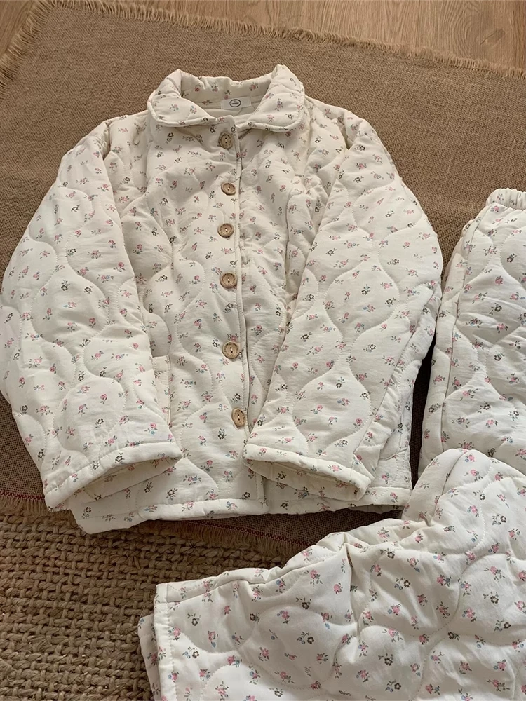 冬天少女碎花夹棉睡衣女款冬季2024年加厚保暖开衫长裤家居服套装