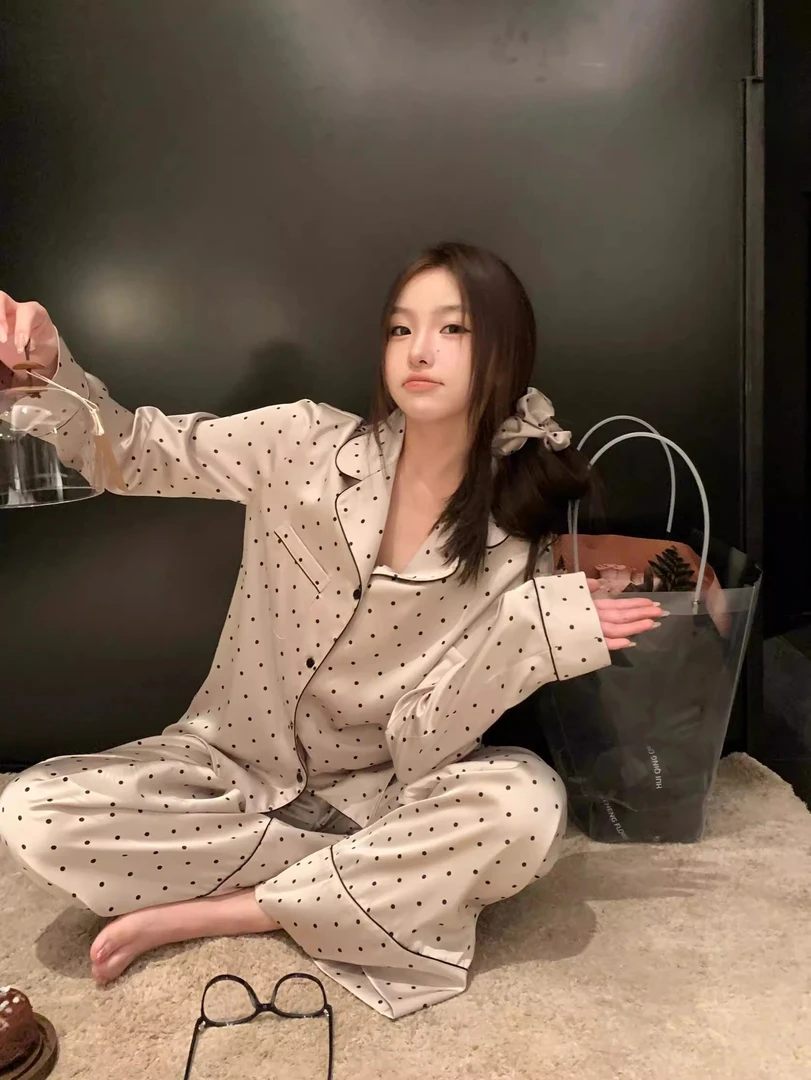 法式高级波点印花长袖2025春秋新款家居服女大码翻领开衫长裤套装