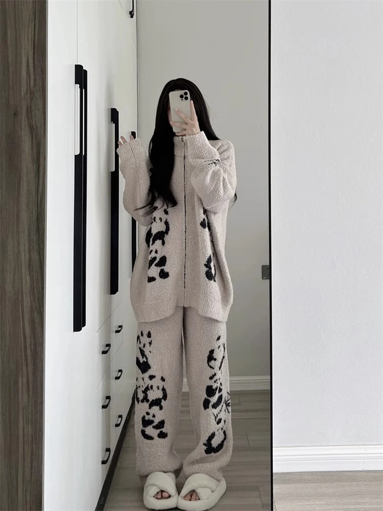 秋冬熊猫印花半边绒睡衣女冬季新款加绒加厚珊瑚绒家居服大码套装