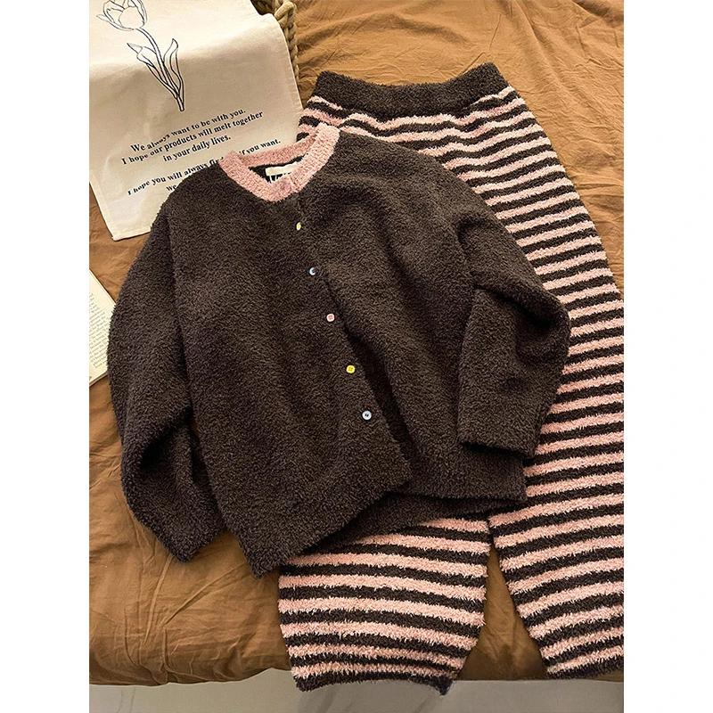 韩版甜美撞色半边绒睡衣女冬2025年新款加厚保暖开衫家居服两件套