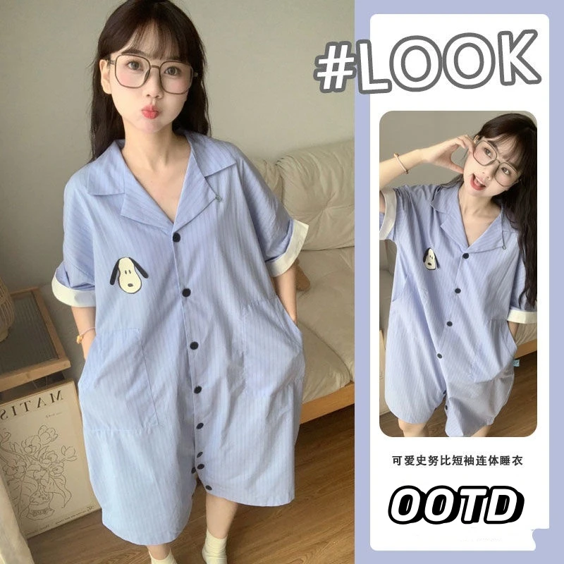 卡通史努比连体睡衣女款2024夏季外穿家居服睡裙短裤薄款连体睡衣