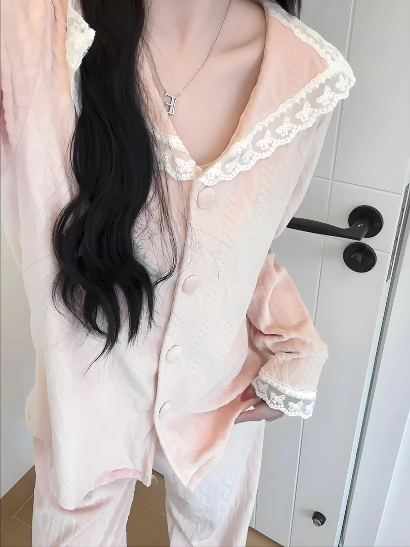 高级感睡衣秋冬季女新款螺旋提花纹花边V领长袖家居服套装可外穿