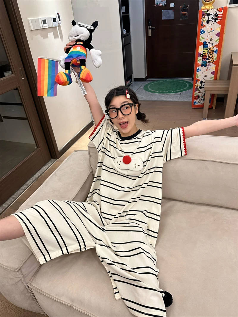 可爱卡通大码短袖睡衣女夏季2024新款宽松长款连体睡裙家居服外穿