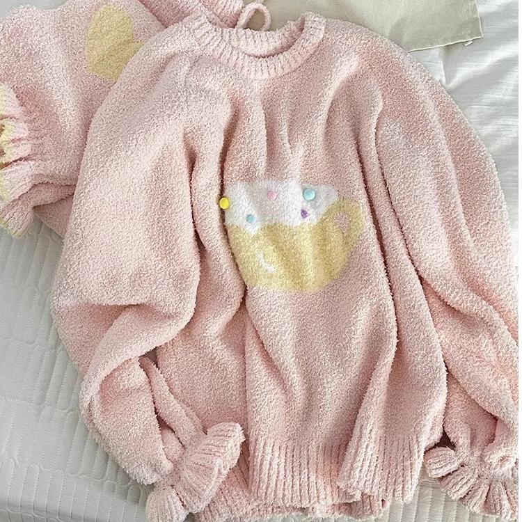粉色少女半边绒睡衣女冬2024新款加绒加厚保暖法式甜美家居服套装