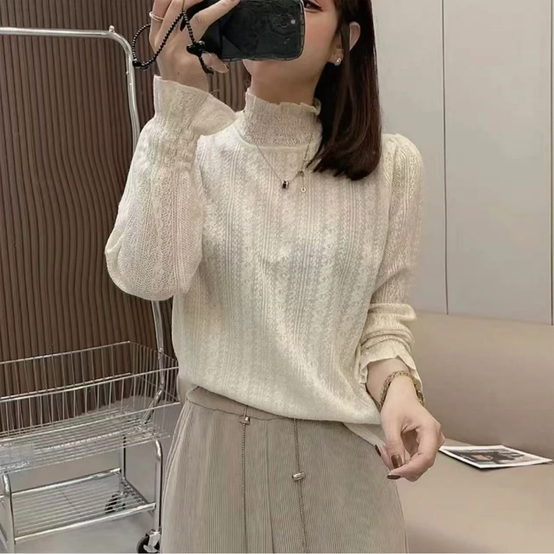 2024洋气百搭木耳领针织衫女秋冬新款蕾丝钩花设计感打底衫