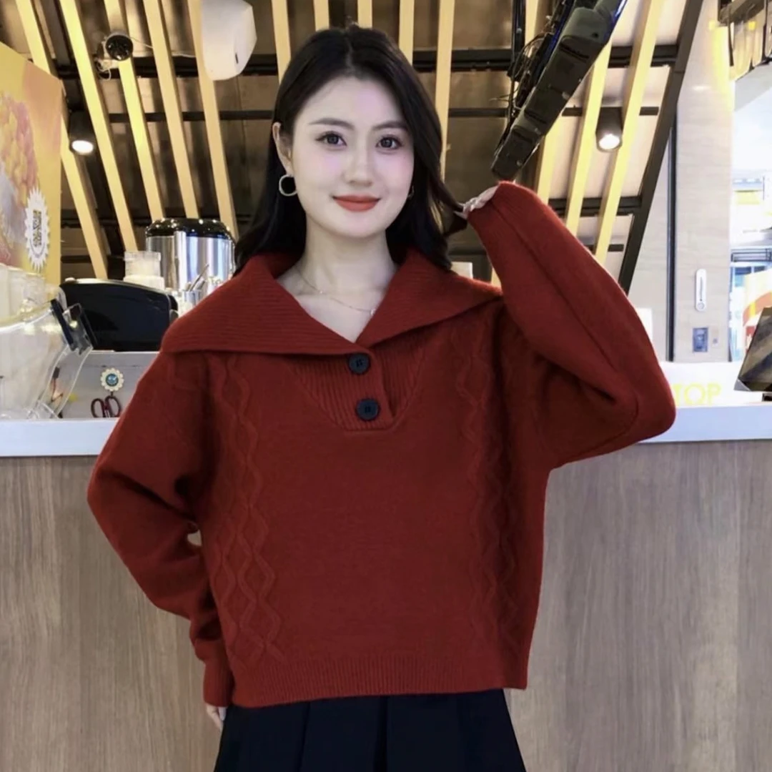 2024 慵懒风Polo领针织衫毛衣女秋冬新款显瘦洋气减龄上衣