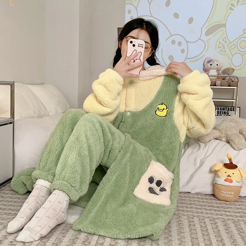 新款秋冬女士卡通睡袍加厚网红大耳睡衣珊瑚绒帕恰狗连帽毛绒睡袍