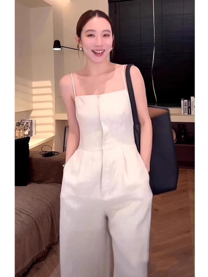 欧货爆款吊带连体裤女夏秋新款女神范气质收腰长裤轻熟风阔腿裤子
