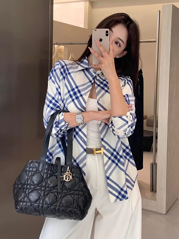 韩系男友风蓝色条纹衬衫女夏秋薄款开衫翻领衬衣宽松长袖防晒上衣