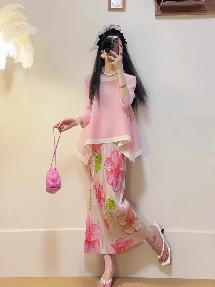 今年流行三宅褶皱套装女夏秋新款法式气质花朵半裙粉色上衣两件套