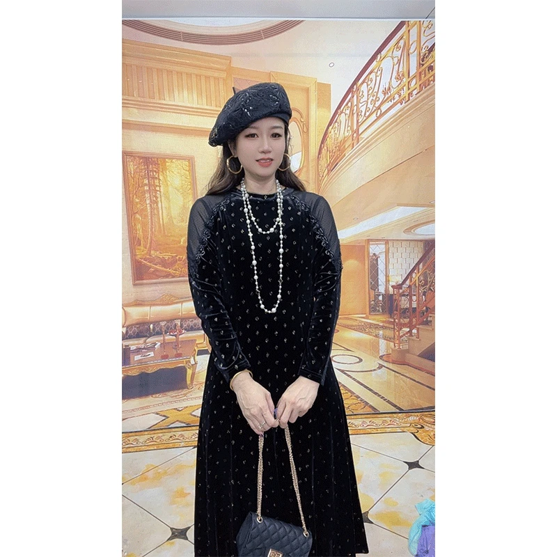 2005新款时尚气质长袖连衣裙金丝绒高端纯色名媛显瘦