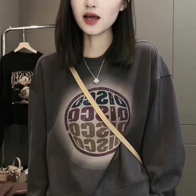 加绒秋冬季新款圆领卫衣英文星球印花韩版宽松长袖打底休闲上衣女