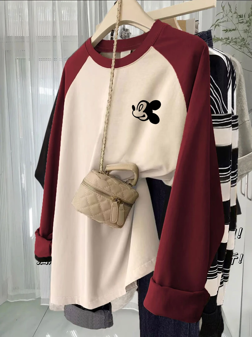 纯棉美式复古学院风圆领上衣2024秋季新款宽松撞色长袖t恤女春秋