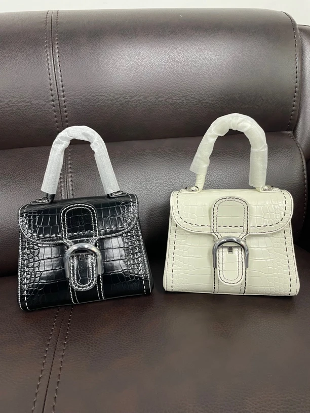 高定新款鳄鱼皮手缝蜡线马蹄扣小德单肩斜挎手提马鞍包复古女包包