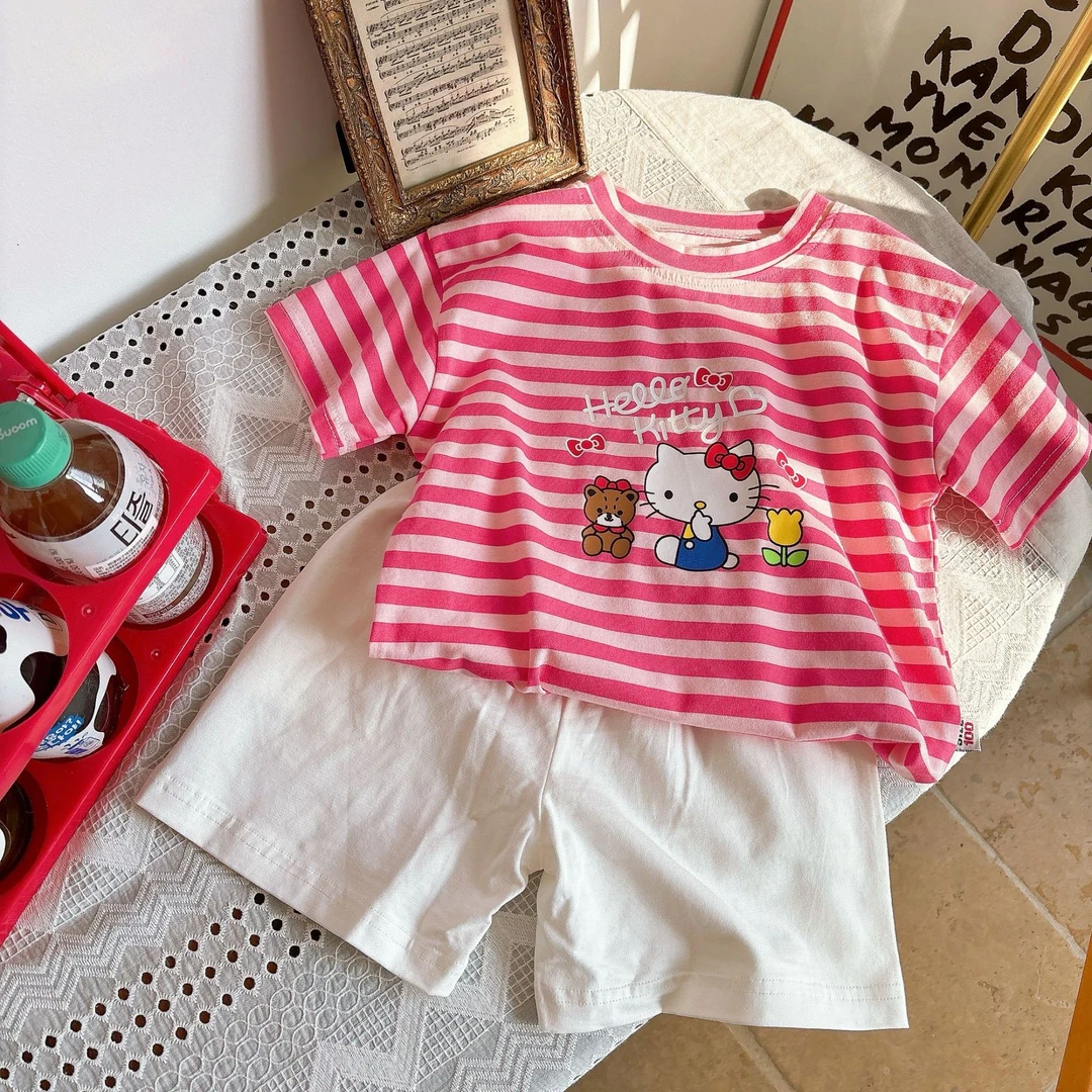 条纹短袖套装织里童装夏季新款男女宝幼儿园可爱休闲印花宽松透气