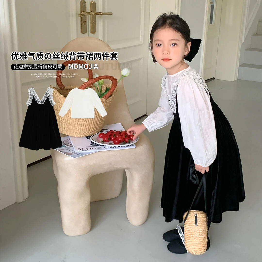 【沫沫家-法式情长】2023秋款女童花边两件套丝绒背心裙23QD8006