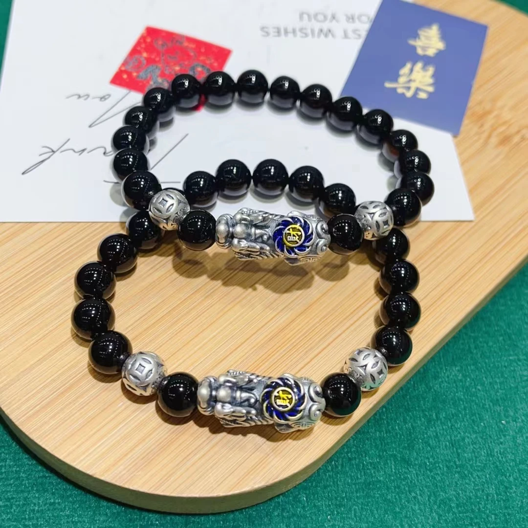 足银手链 足银999手串招财烤漆貔貅钱币发财手串来助大家财运旺旺