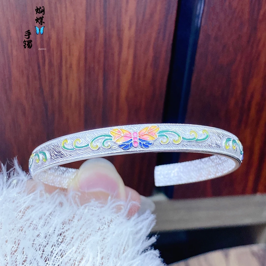 足银手镯 足银999.9珐琅蝴蝶开口手镯时尚精美国潮（28克左右）