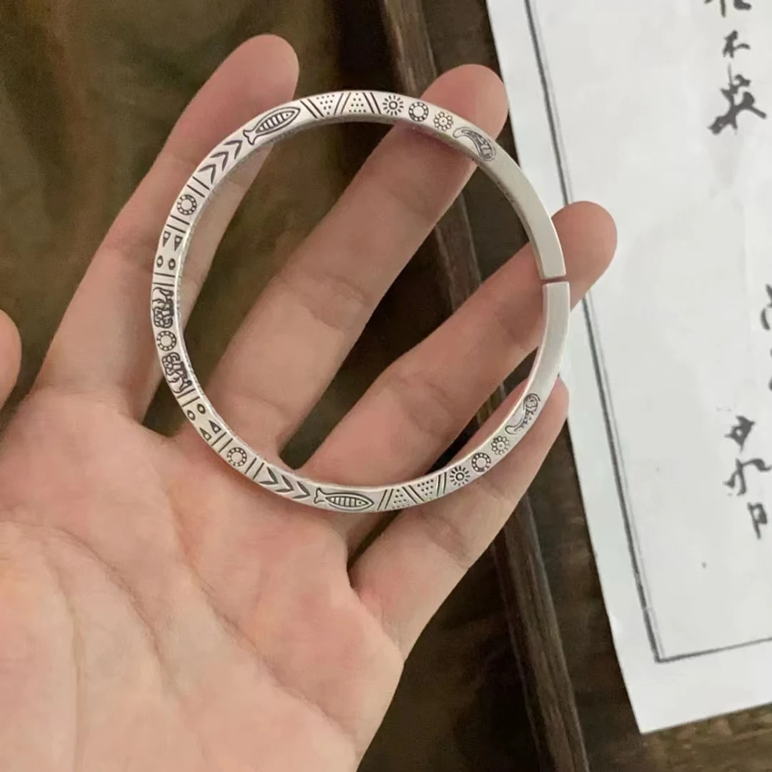 足银手镯 复古遗迹足银999.9实心小众部落风鱼象图腾个性简约
