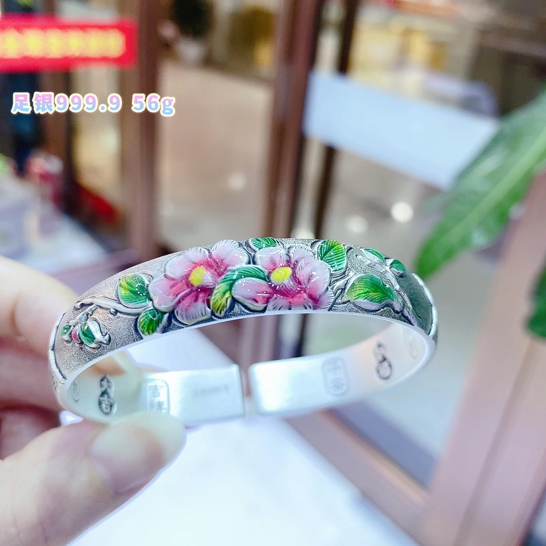 足银珐琅手镯 足银999.9 珐琅马蹄花开富贵开口手镯约56g