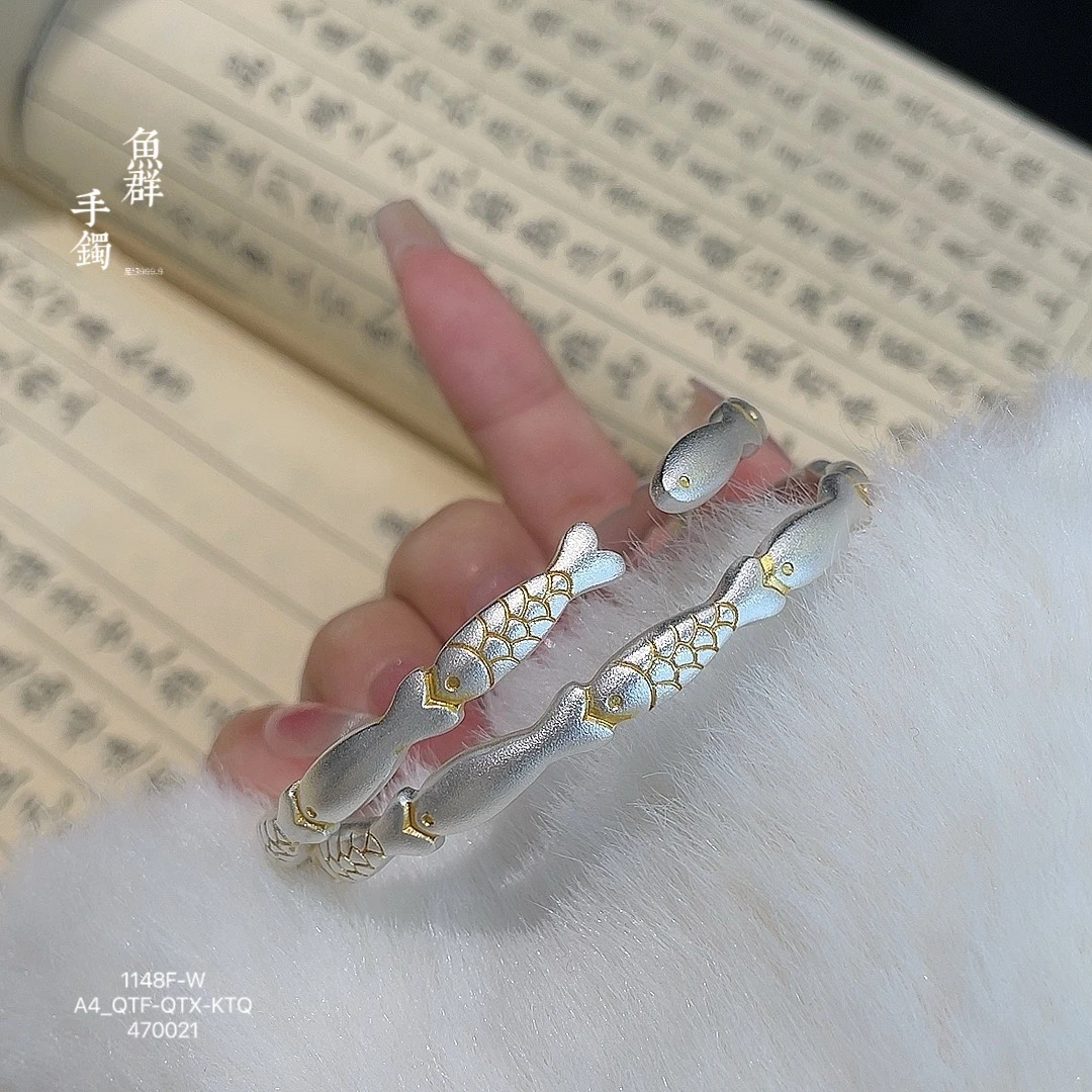 足银手镯 【鱼群】纯银999.9描金复古小鱼手镯ins清冷小众百搭