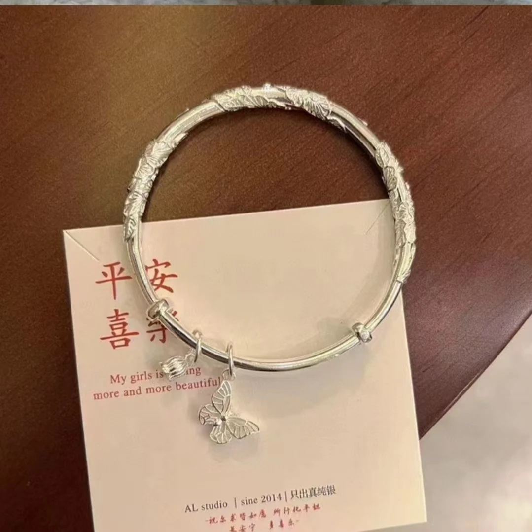 足银手镯 银手镯精工繁花似锦推拉款手镯足银999.9时尚简约百搭