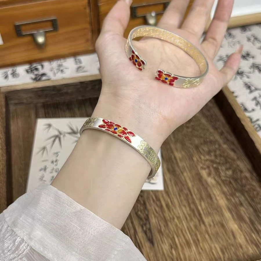 足银珐琅手镯 海棠花足银999.9手镯描金珐琅彩开口新中式国潮轻奢