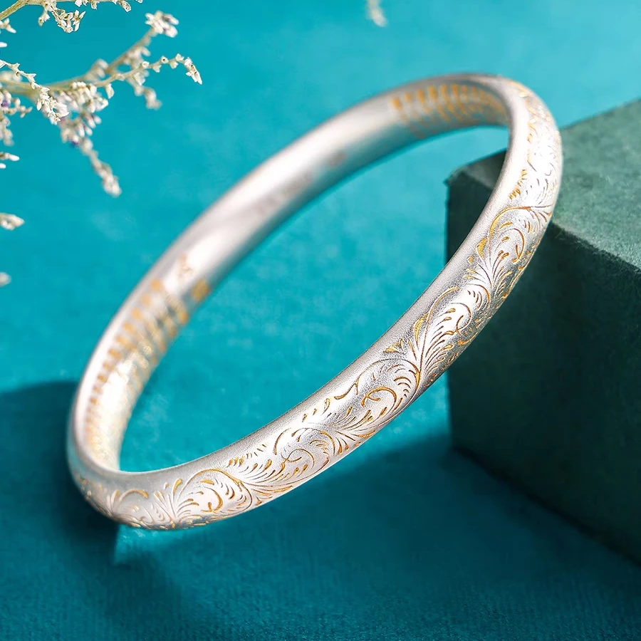 足银手镯 足银999.9闭口空心描金唐草纹心经手镯气质国风精美镯子