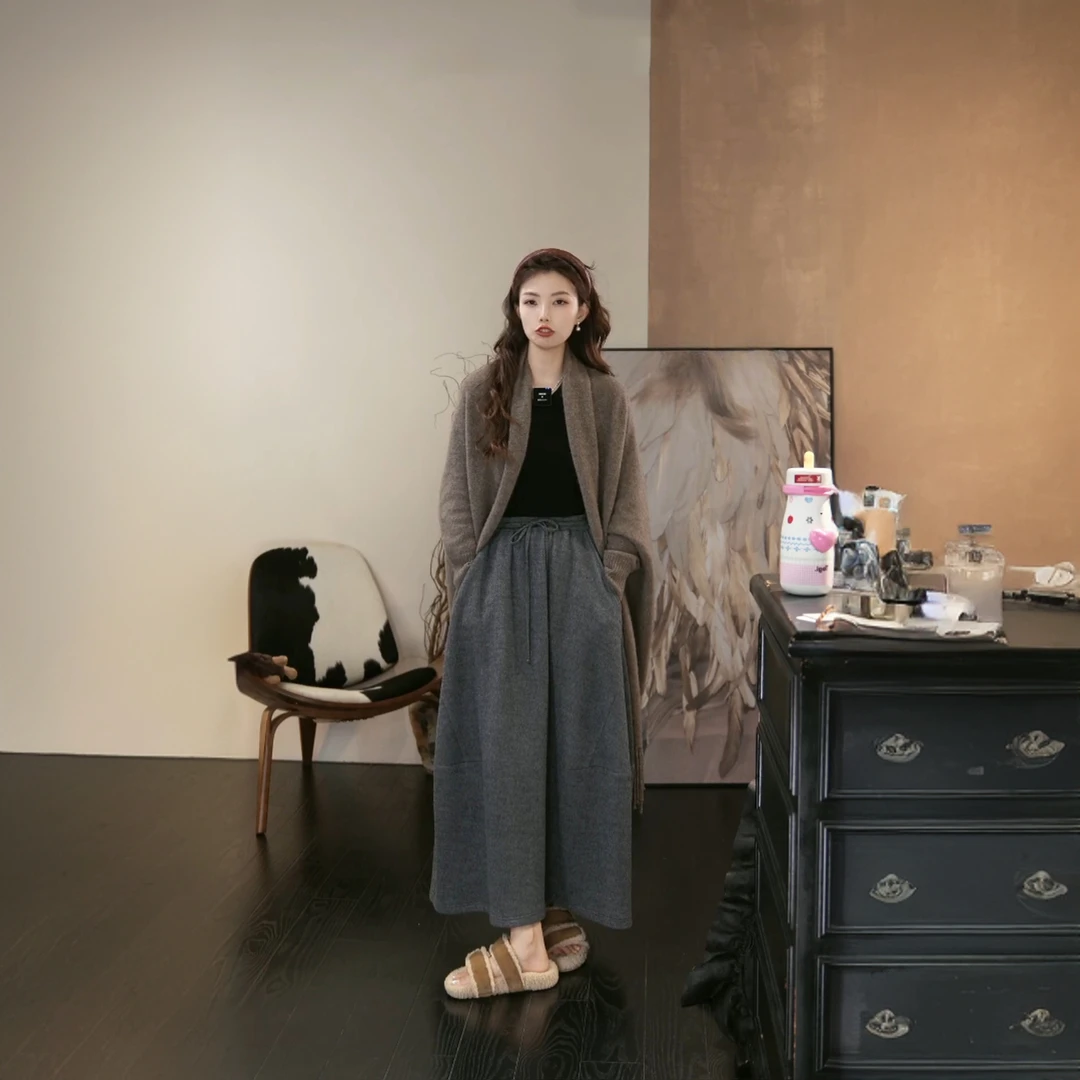 2024秋冬新款抽绳羊毛呢半身裙百搭休闲中长款裙子纯色LK2500203