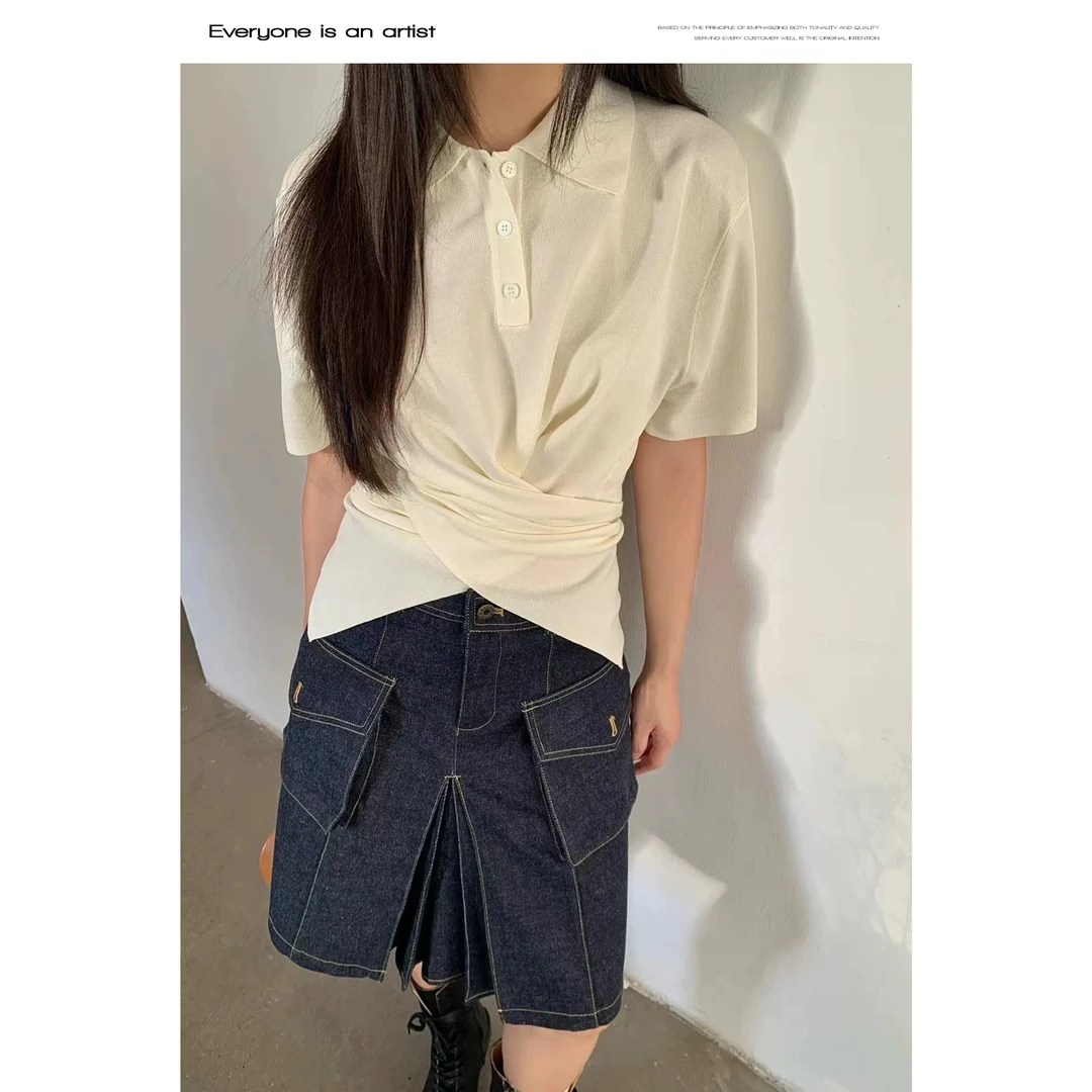 34093针织上衣显瘦休闲百搭夏季不规则翻领设计