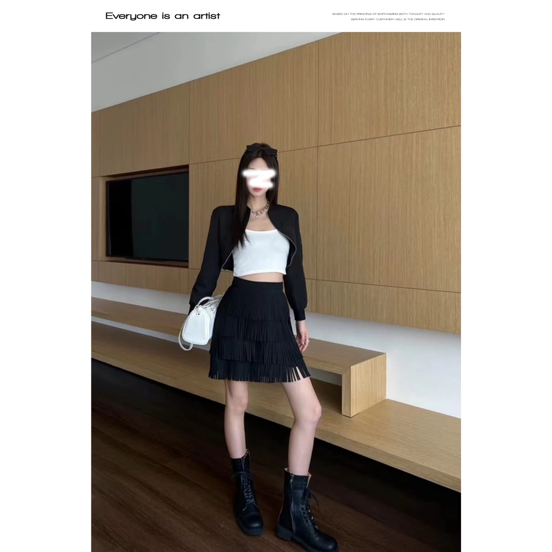 60906重工a字流苏蛋糕半身裙