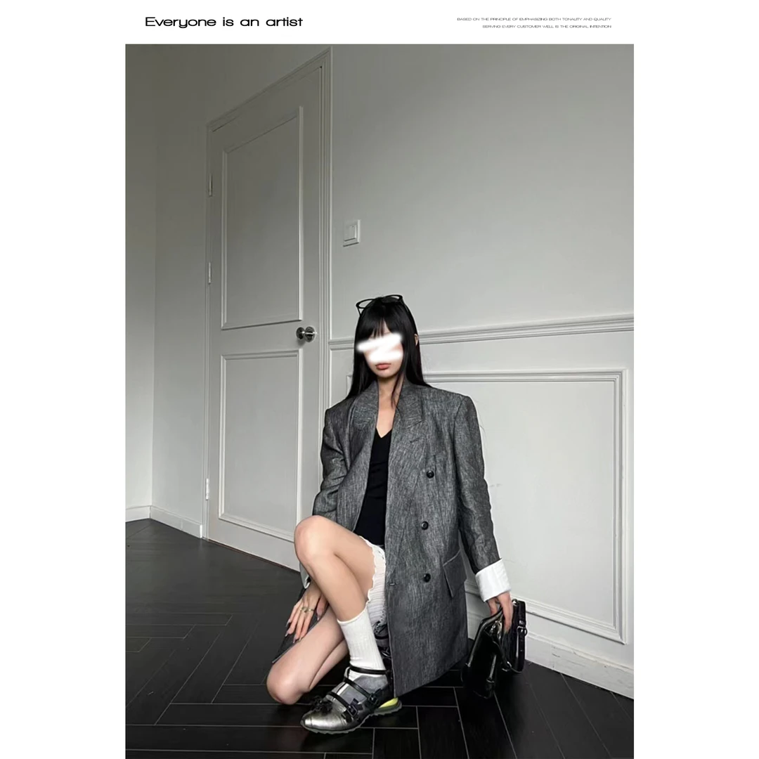 87792复古双排扣西装戗驳领撞色拼接休闲上衣