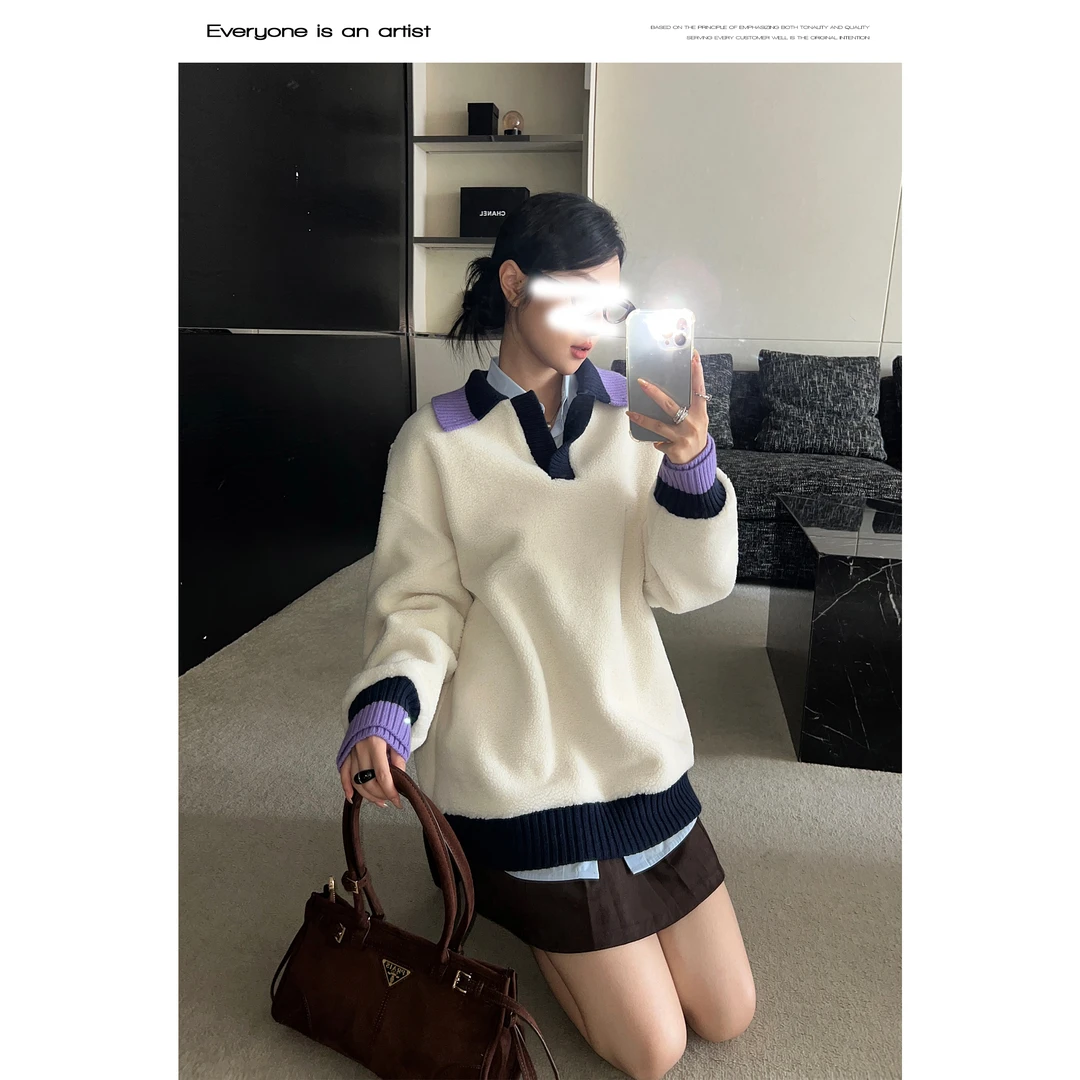 87999翻领拼色宽松卫衣秋冬休闲款