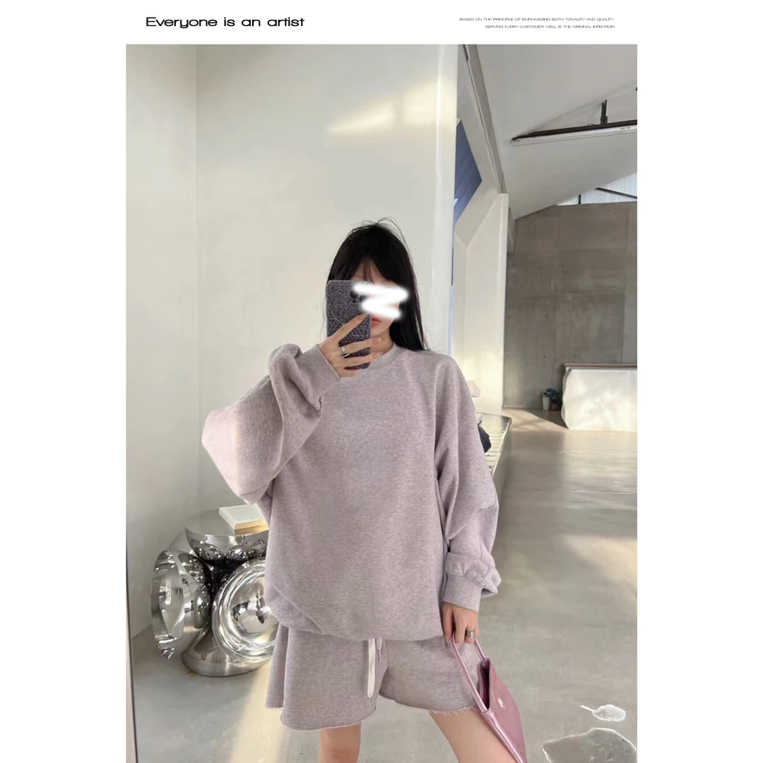 61120圆领宽松休闲卫衣+松紧腰舒适休闲短裤套装