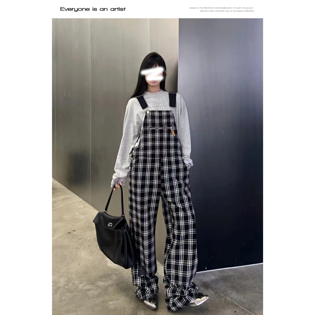 87925 背带裤格子撞色设计感直筒
