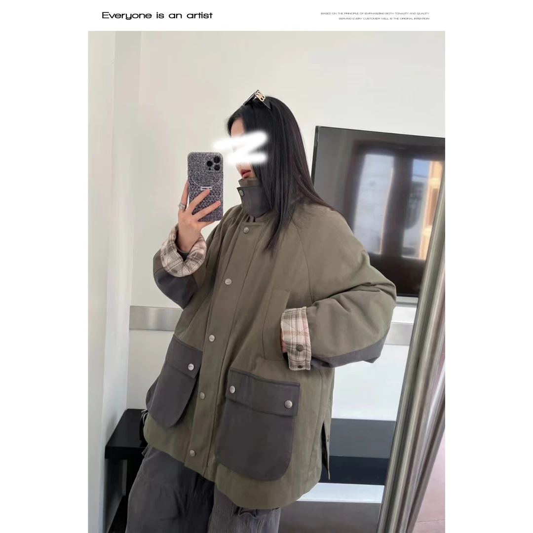 61220拼色口袋外套复古休闲大口袋工装上衣