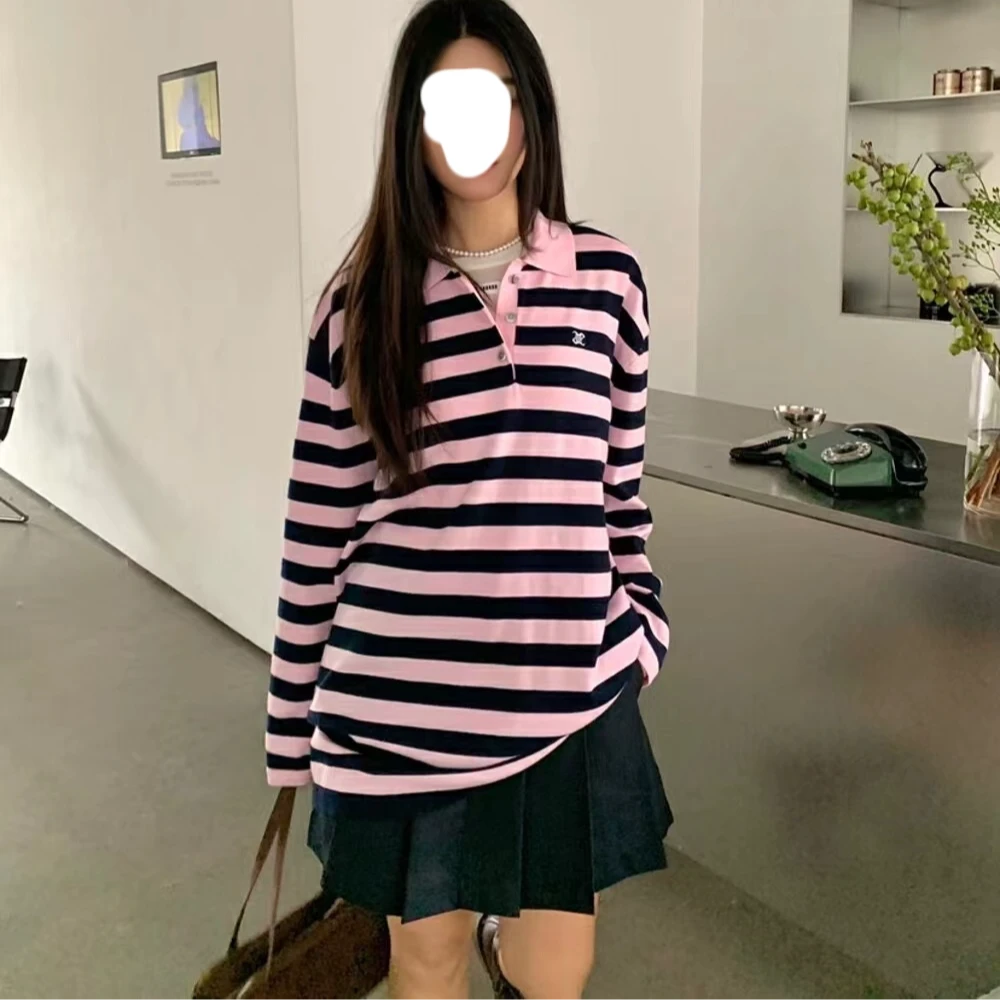 34091条纹POLO领上衣T宽松遮肉撞色设计感