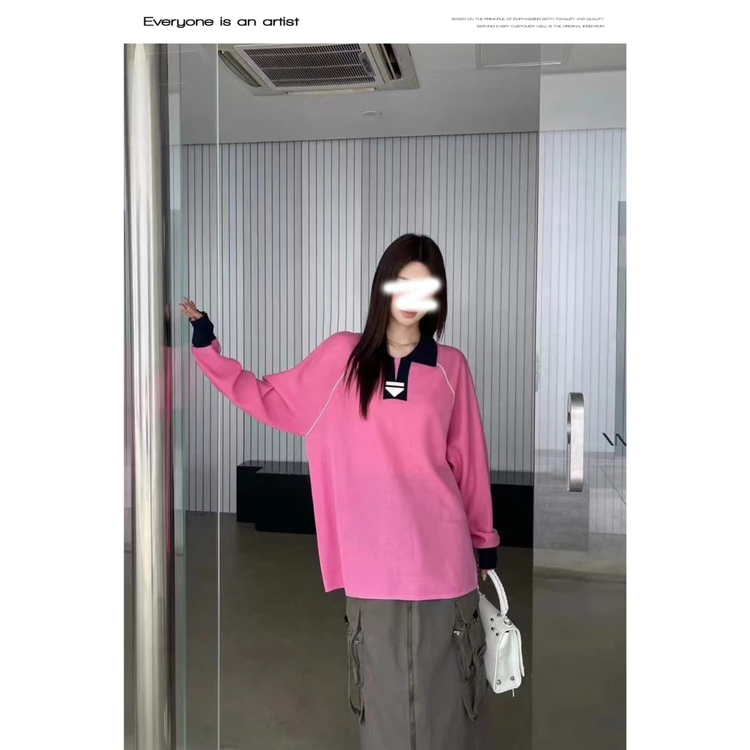 34076字母印花针织上衣翻领美式长袖秋冬上衣