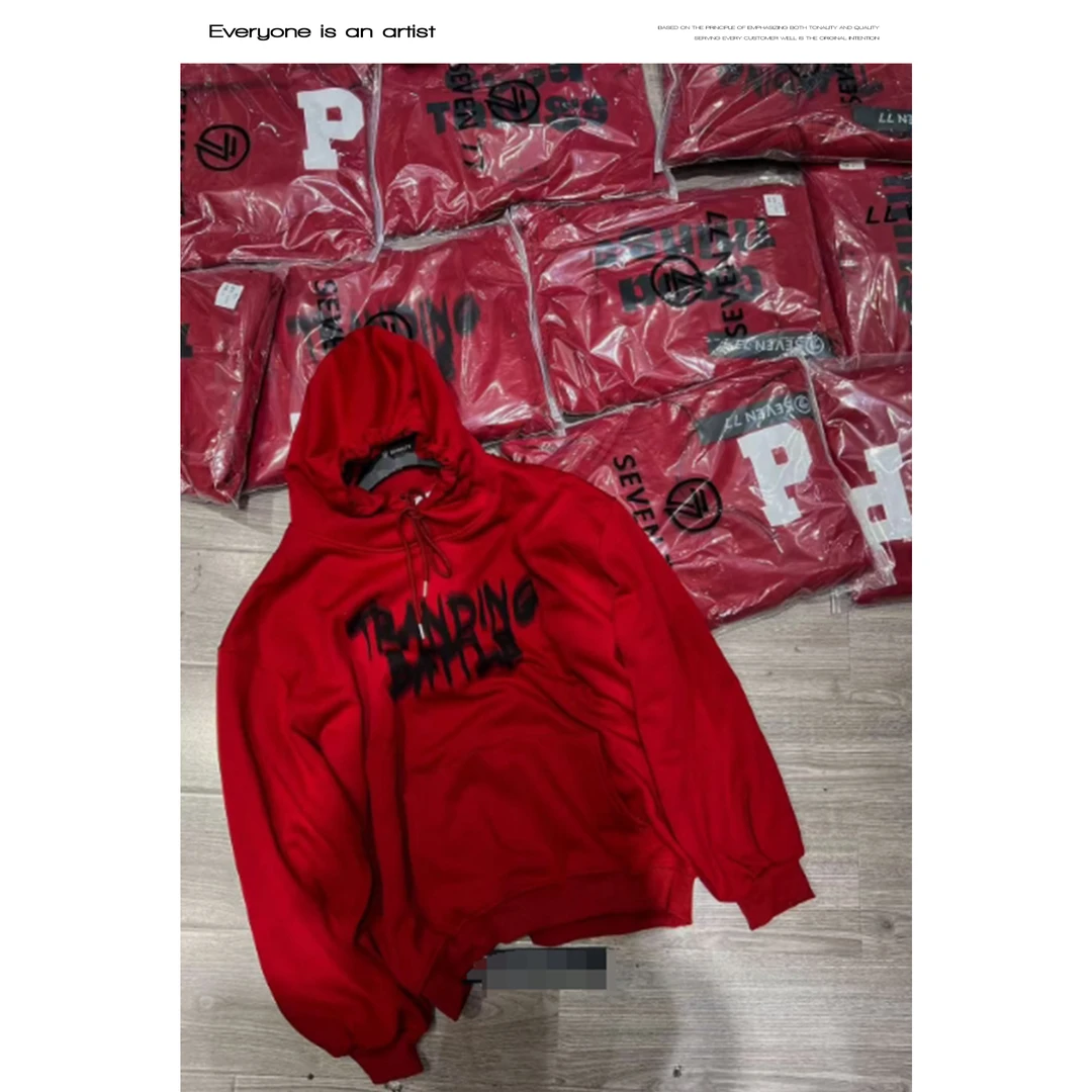 F1262红色卫衣显白高级落肩长袖秋冬厚款