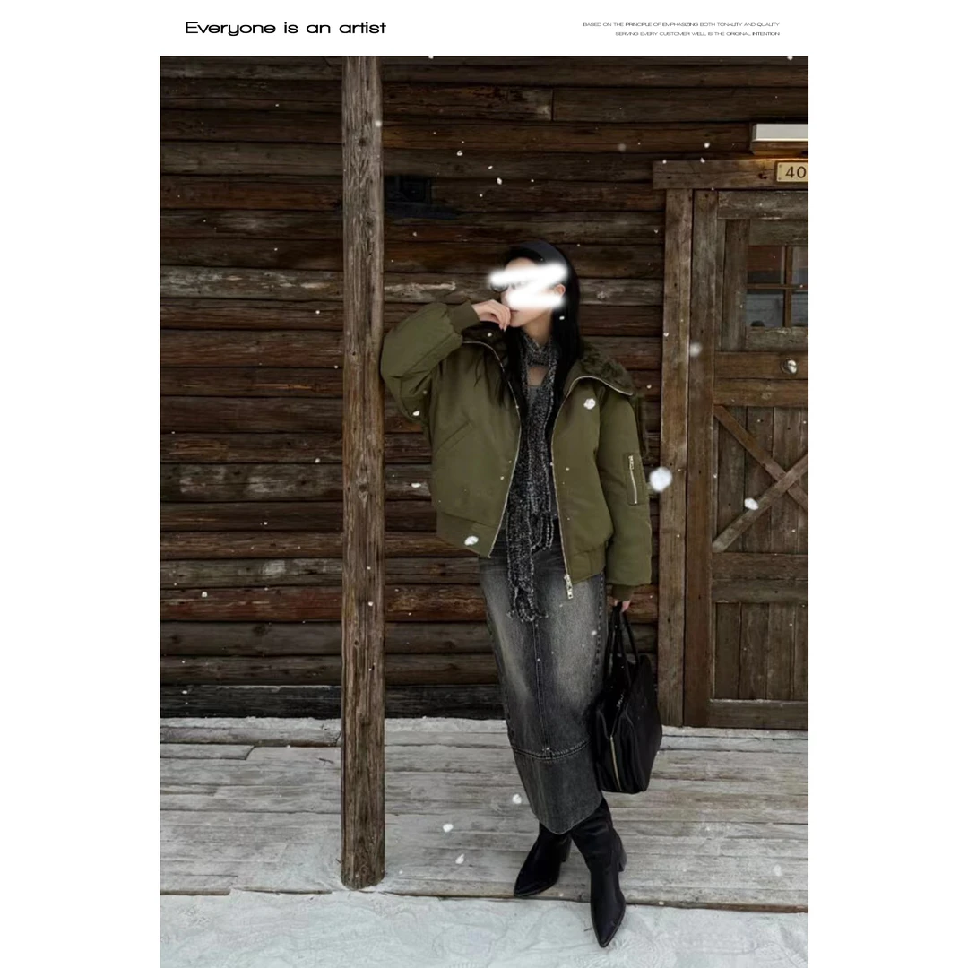 88033皮毛一体机车服外套翻领厚毛秋冬羽绒服