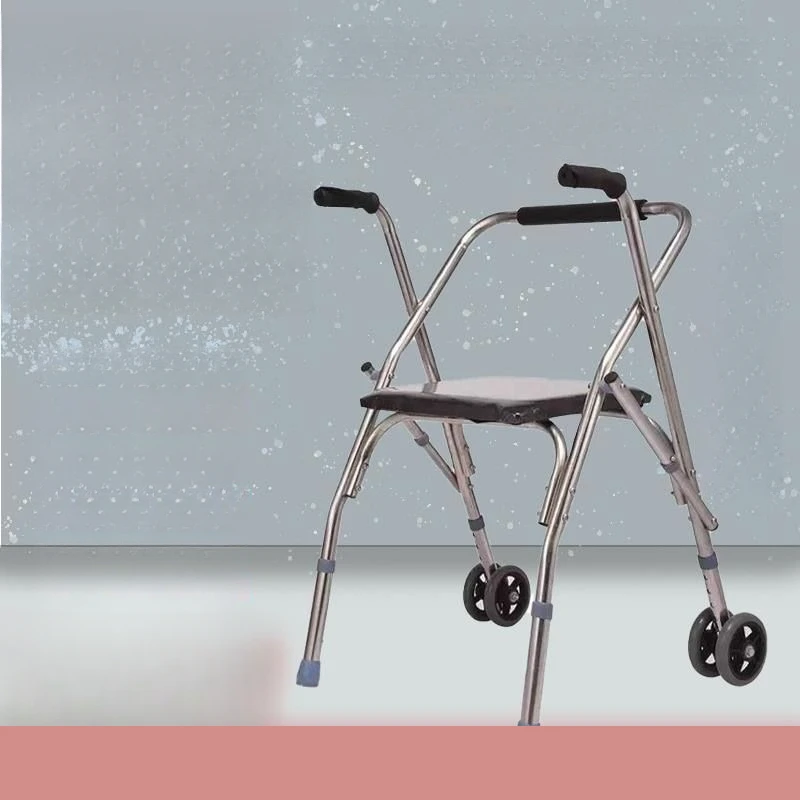 带手推车代步折叠神器带轮学步车不锈钢带轮折叠四脚带轮座椅拐杖