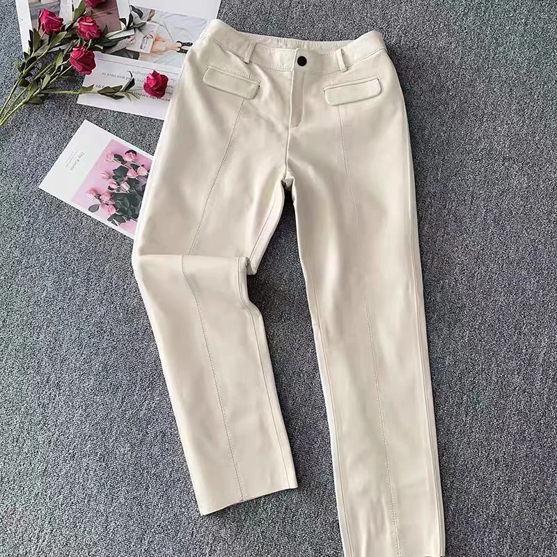 2024秋冬新款真皮皮裤女绵羊皮百搭直筒裤高腰显瘦九分裤小脚裤