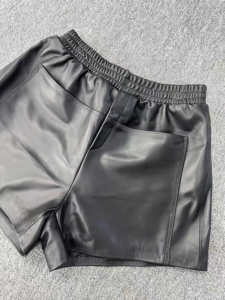 高腰阔腿裤真皮百搭皮裤女绵羊皮松紧腰短裤显瘦皮靴裤时尚休闲裤