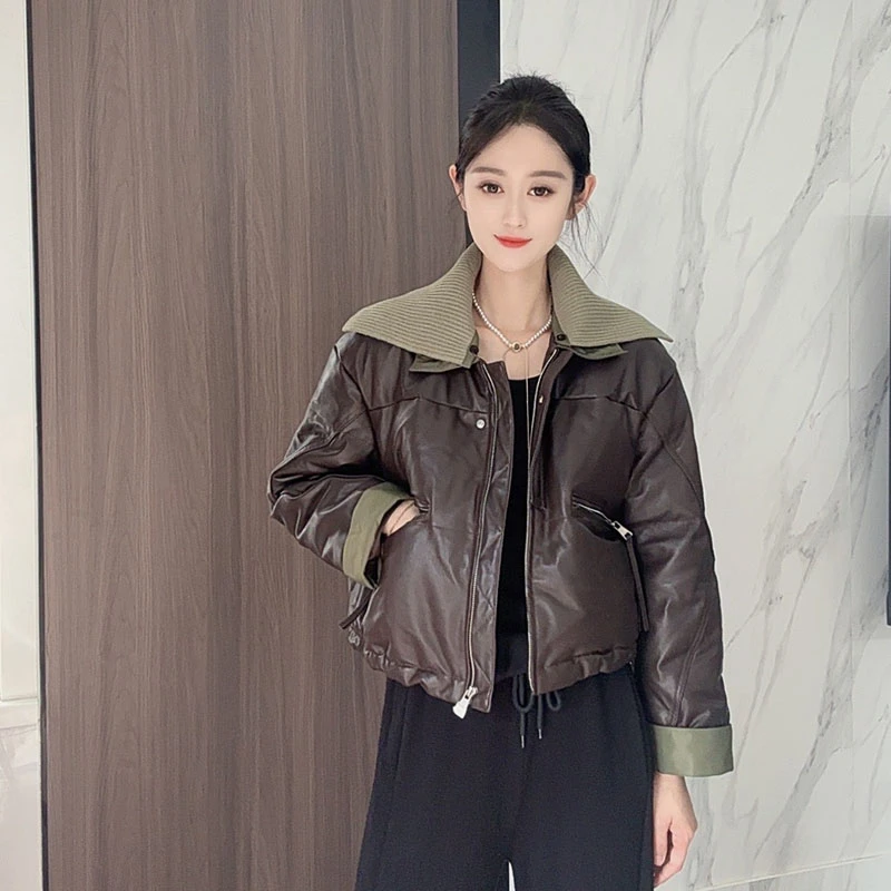 2024新款针织翻领短款女冬季加厚绵羊皮拼接撞色外套24100