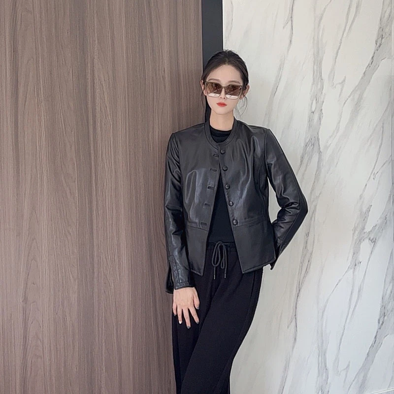真皮绵羊皮收腰夹克女圆领单排扣显瘦皮衣短外套2437