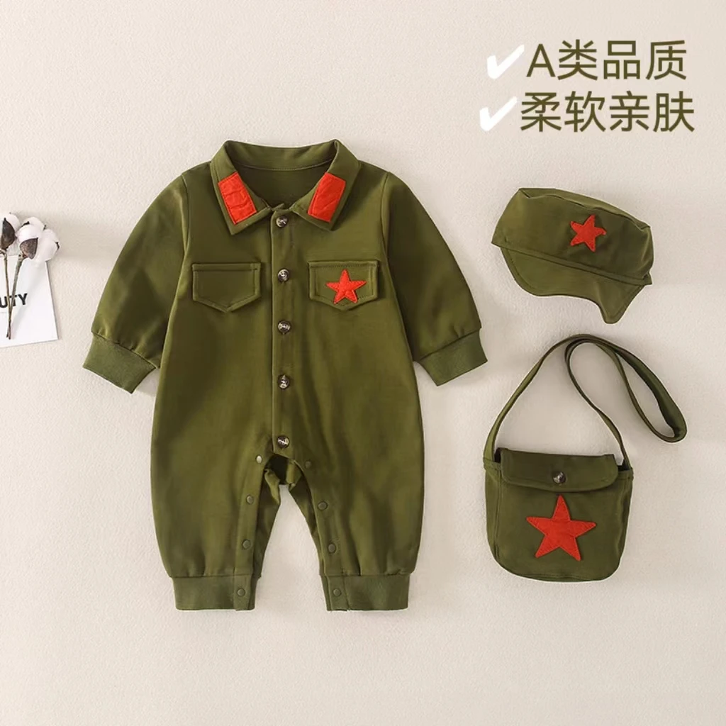婴儿连体衣春秋套装可爱洋气爬服新生宝宝满月百天拍照衣服三件套